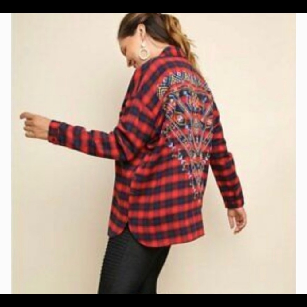 Umgee Plaid Embroidered Oversized Boxy Flannel size small blue red